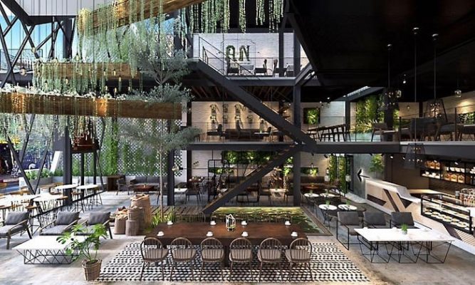 Không gianQuán cà phê tiền chế hiện đại